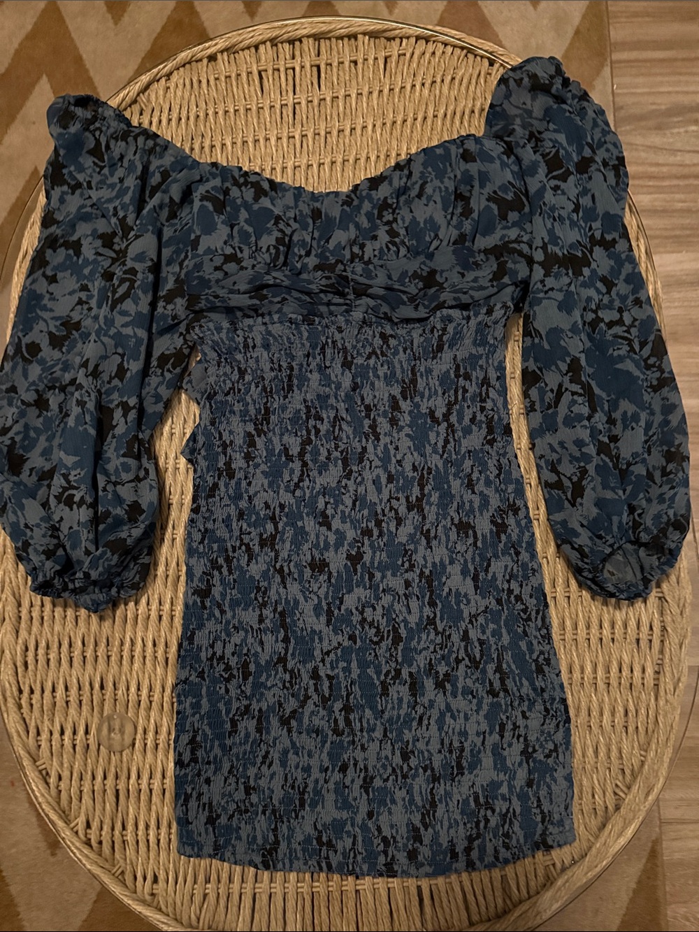 Blue Floral Smocked Off-Shoulder Mini Dress